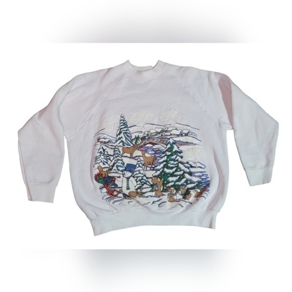 Vintage Christmas Winter Snowman Scenery Sweatshirt Size Large